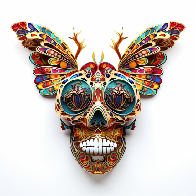 brightly colored paper cut art of a skull with a butterfly wing generative ai