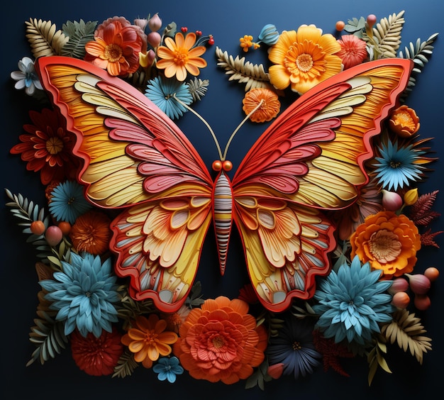 Brightly colored paper cut butterfly surrounded by flowers and berries generative ai