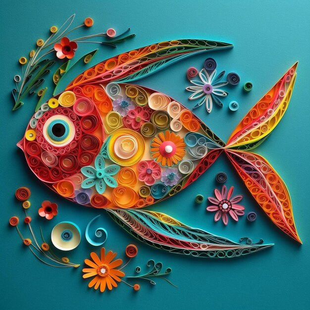 Ярко окрашенная бумажная рыба, окруженная цветами и листьями