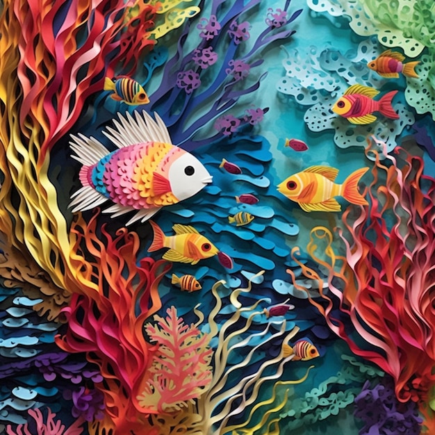 Ярко окрашенная рыба, вырезанная из бумаги, плавает в сцене кораллового рифа, генеративный искусственный интеллект