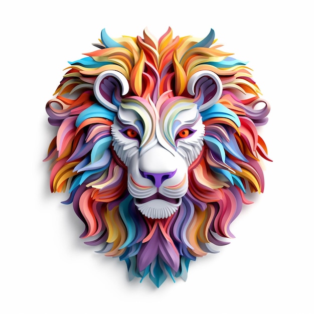 Brightly colored paper cut lion head on white background generative ai