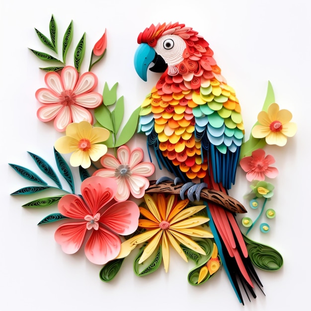 brightly colored paper cut parrot sitting on branch with flowers generative ai