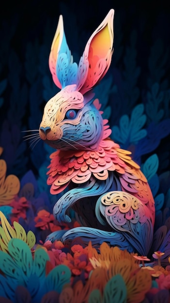 Brightly colored paper cut rabbit in a field of flowers generative ai