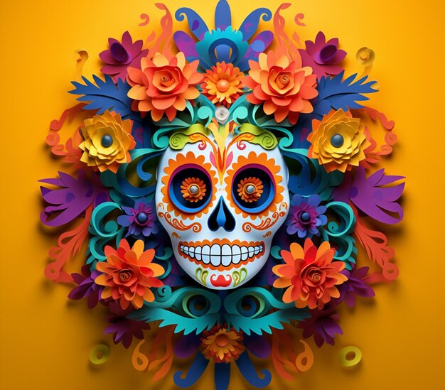 Brightly colored paper cut sugar skull surrounded by flowers on yellow background generative ai