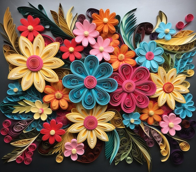 brightly colored paper flowers are arranged in a bouquet on a black surface generative ai