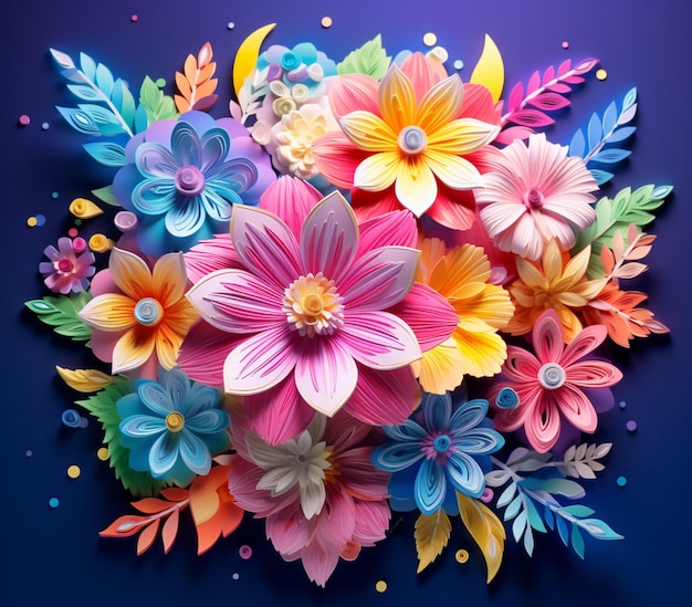 Brightly colored paper flowers are arranged in a circle on a blue background generative ai