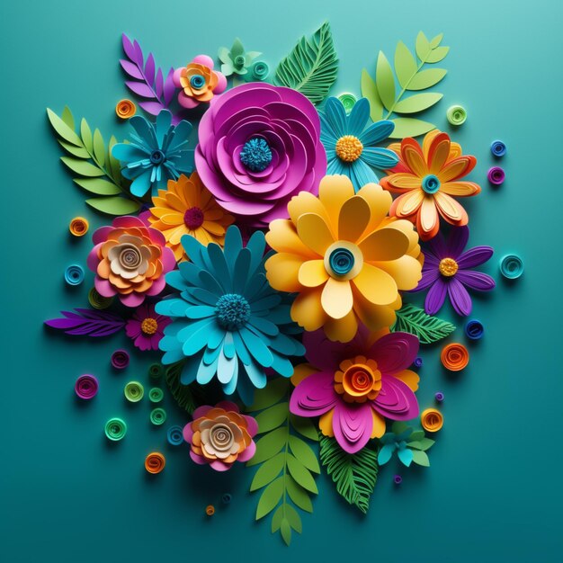 Brightly colored paper flowers are arranged in a circle on a blue background generative ai