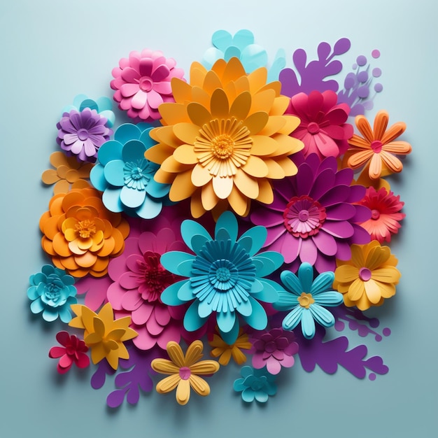 Brightly colored paper flowers are arranged in a circle on a blue background generative ai
