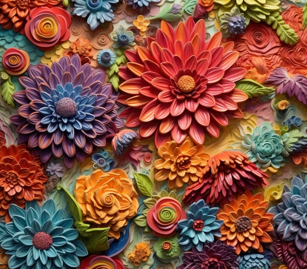 Ярко окрашенные бумажные цветы расположены на красочной поверхности.