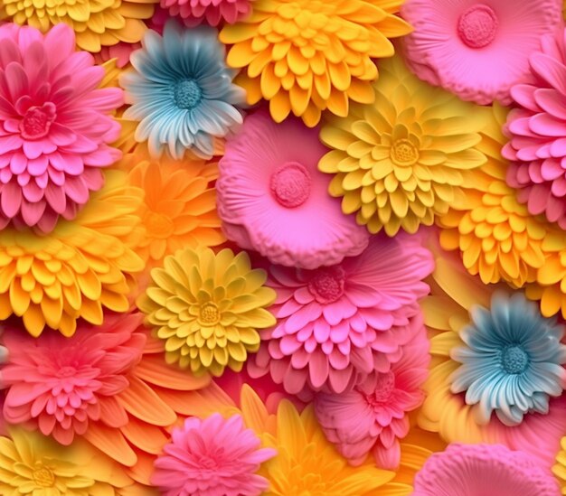 Brightly colored paper flowers are arranged in a pattern generative ai