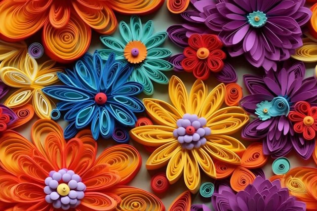 Brightly colored paper flowers are arranged in a pattern generative ai