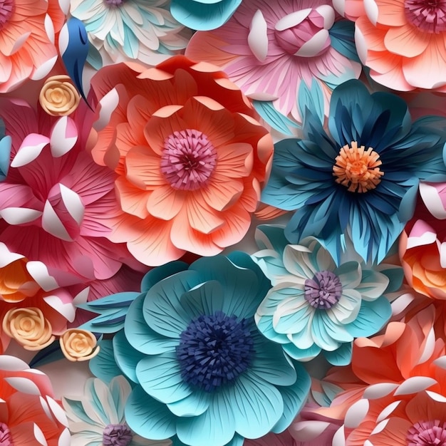 Brightly colored paper flowers are arranged in a pattern generative ai