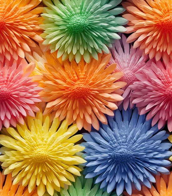 Brightly colored paper flowers are arranged in a pattern generative ai