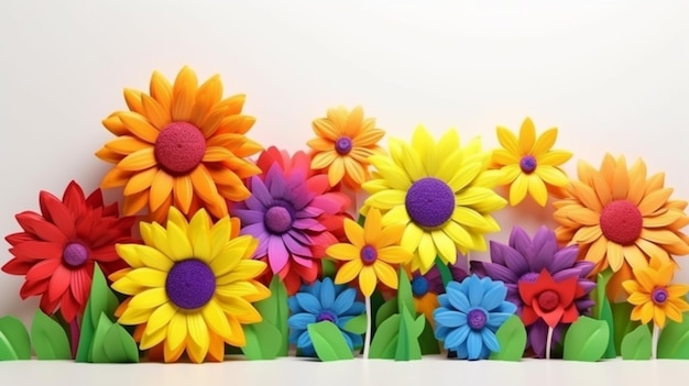 Brightly colored paper flowers are arranged in a row on a white surface generative ai