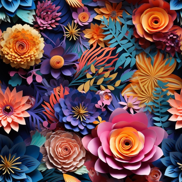 밝은 색의 종이 꽃은 다양한 색상의 생성 AI 벽에 배열되어 있습니다.