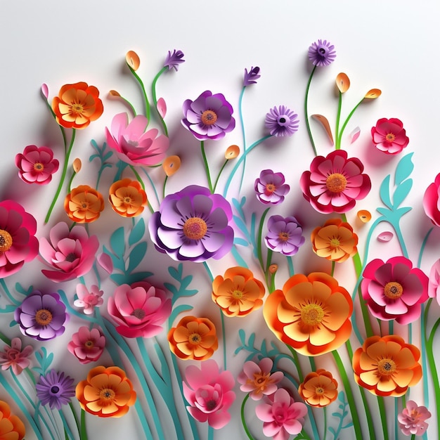 Brightly colored paper flowers are arranged on a white surface generative ai