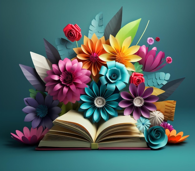 Brightly colored paper flowers are placed on an open book generative ai