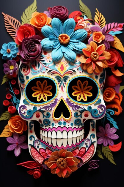 brightly colored paper flowers decorate a sugar skull on a black background generative ai