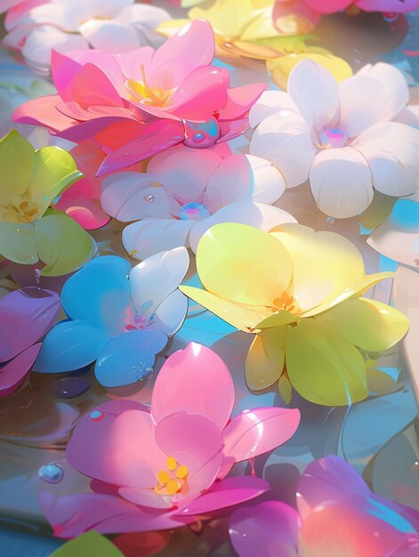 Brightly colored paper flowers floating in a pool of water generative ai