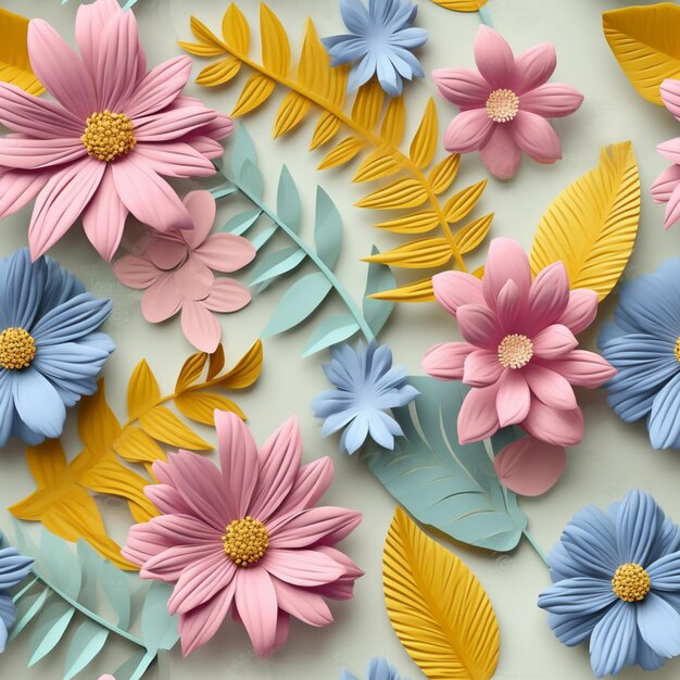 Brightly colored paper flowers and leaves are arranged on a white surface generative ai