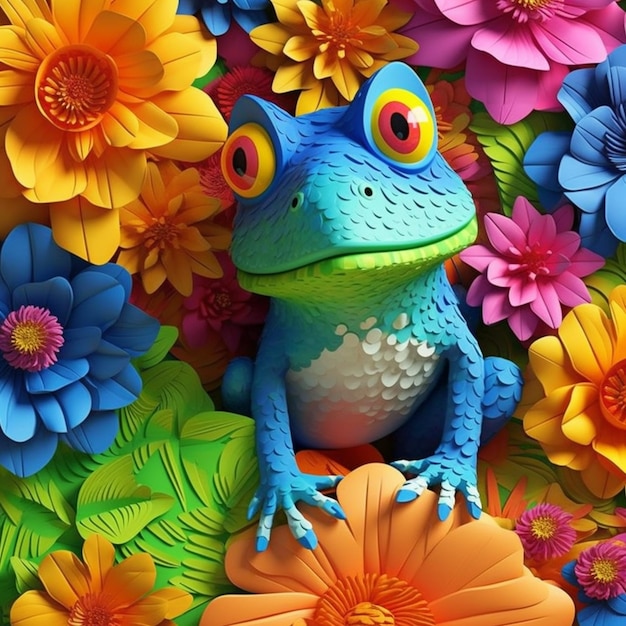 Brightly colored paper flowers surround a brightly colored frog statue generative ai