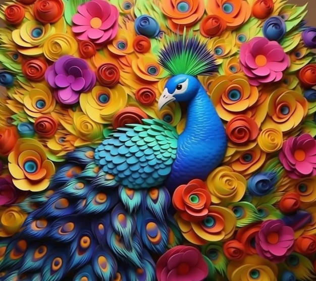brightly colored paper flowers surround a peacock in a display generative ai