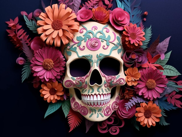 Brightly colored paper flowers surround a skull with a floral crown generative ai