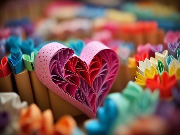 Photo brightly colored paper hearts are arranged in a row on a table generative ai
