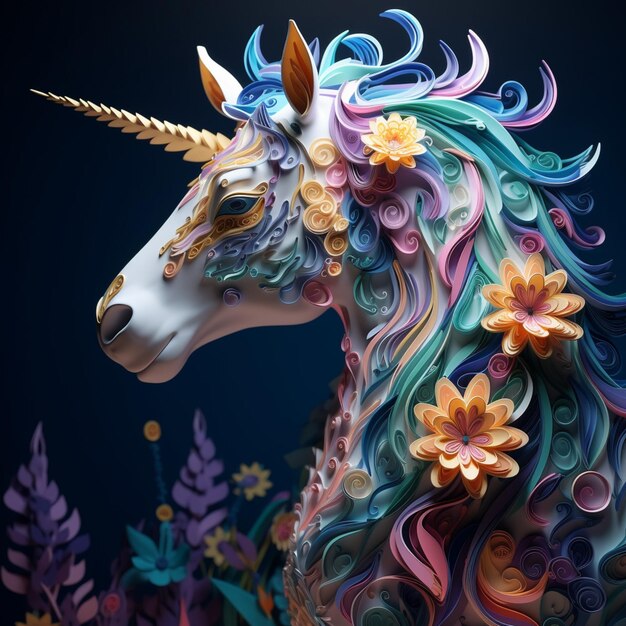 Brightly colored paper mache unicorn with flowers on its head generative ai