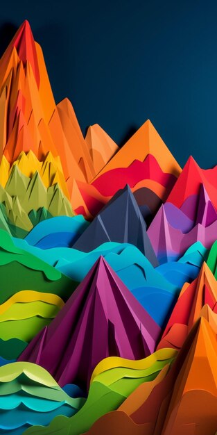 Brightly colored paper mountains with a blue sky in the background generative ai