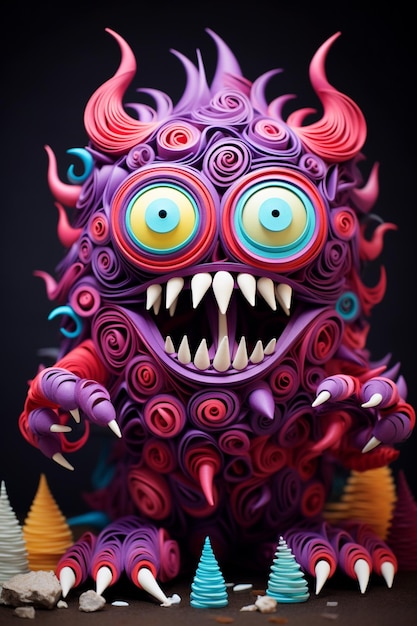 brightly colored paper sculpture of a monster with sharp teeth and sharp teeth generative ai