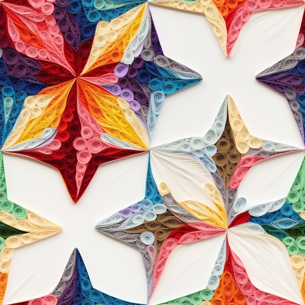 Brightly colored paper stars are arranged in a pattern on a white surface generative ai