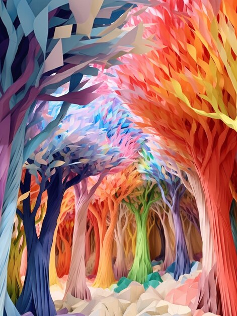 brightly colored paper trees in a forest of paper generative ai