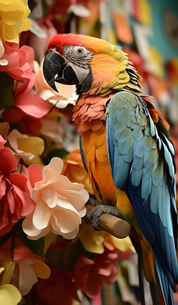 밝은 색의 무새가 다채로운 꽃 덤불의 가지에 앉아 있습니다.