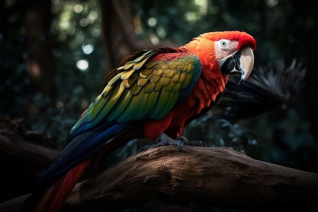 Brightly colored parrot perched on a branch in a forest generative ai