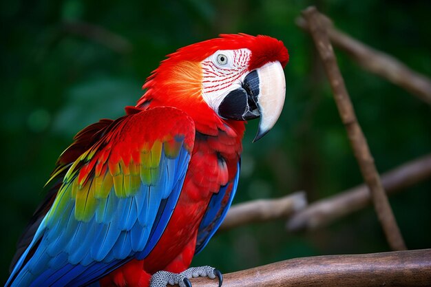 Brightly colored parrot perched on branch with green background generative ai