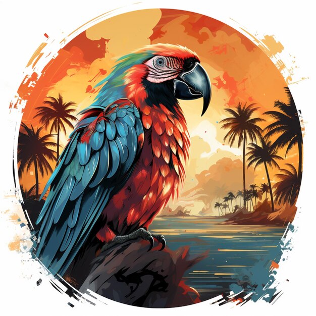 Brightly colored parrot perched on a rock in front of a sunset generative ai