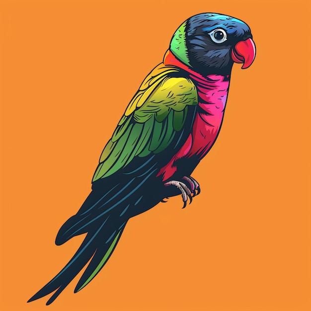 brightly colored parrot sitting on a branch against an orange background generative ai