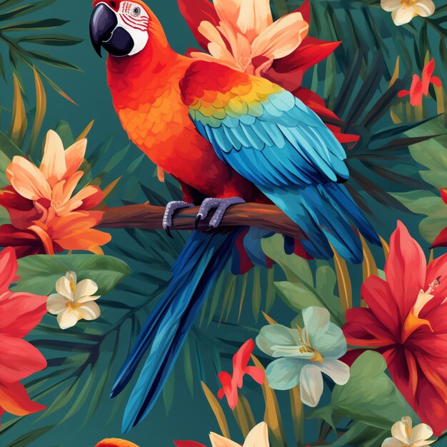 brightly colored parrot sitting on a branch with tropical flowers generative ai