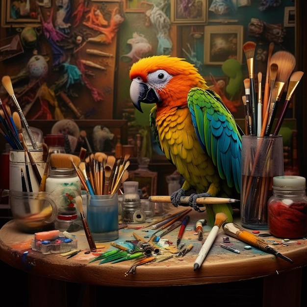 Brightly colored parrot sitting on a table with paint brushes and other art supplies generative ai