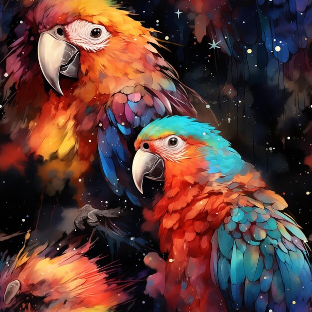 Brightly colored parrots are sitting on a branch in the dark generative ai