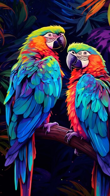 Brightly colored parrots sitting on a branch in a tropical forest generative ai