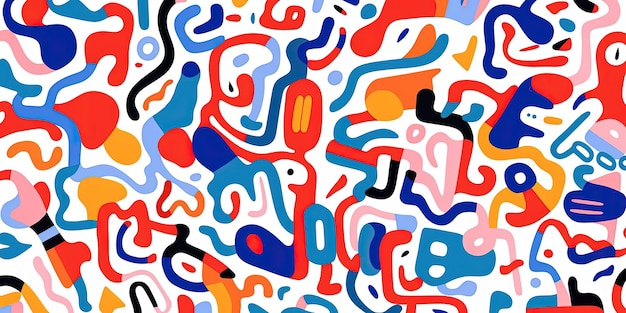 a brightly colored pattern with letters and shapes in the style of squiggly line