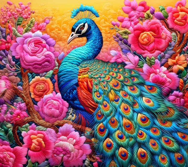 Brightly colored peacock in a field of flowers with a yellow background generative ai