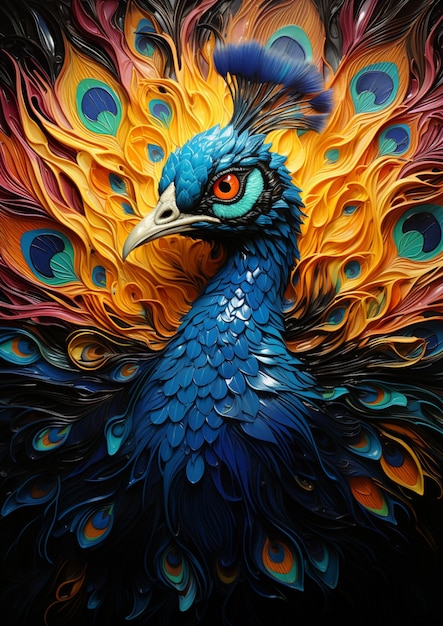 Brightly colored peacock with feathers on a black background generative ai