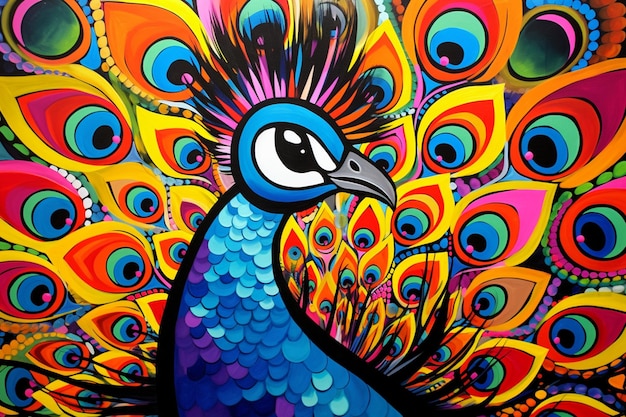 Brightly colored peacock with feathers and eyes painted on a wall generative ai