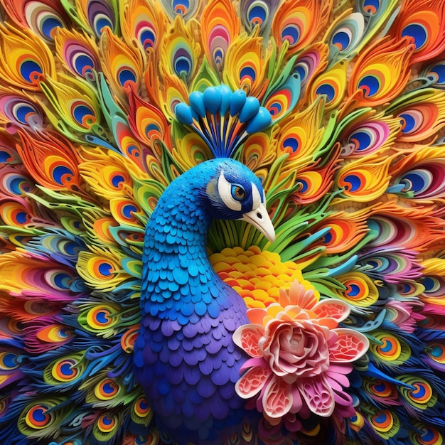 brightly colored peacock with feathers spread out and a flower in its beak generative ai