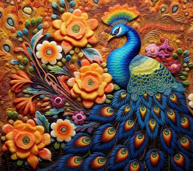 A brightly colored peacock with flowers and leaves on a colorful background generative ai