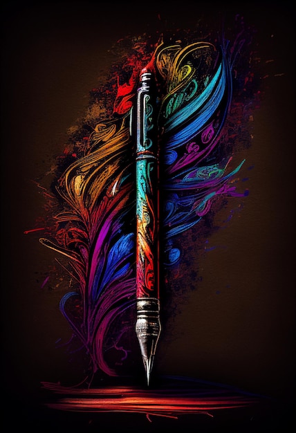Brightly colored pen with a feather on it generative ai