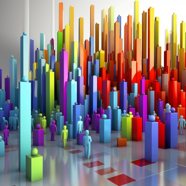 カラフルな建物の大群の中に立つ色鮮やかな人々の生成AI